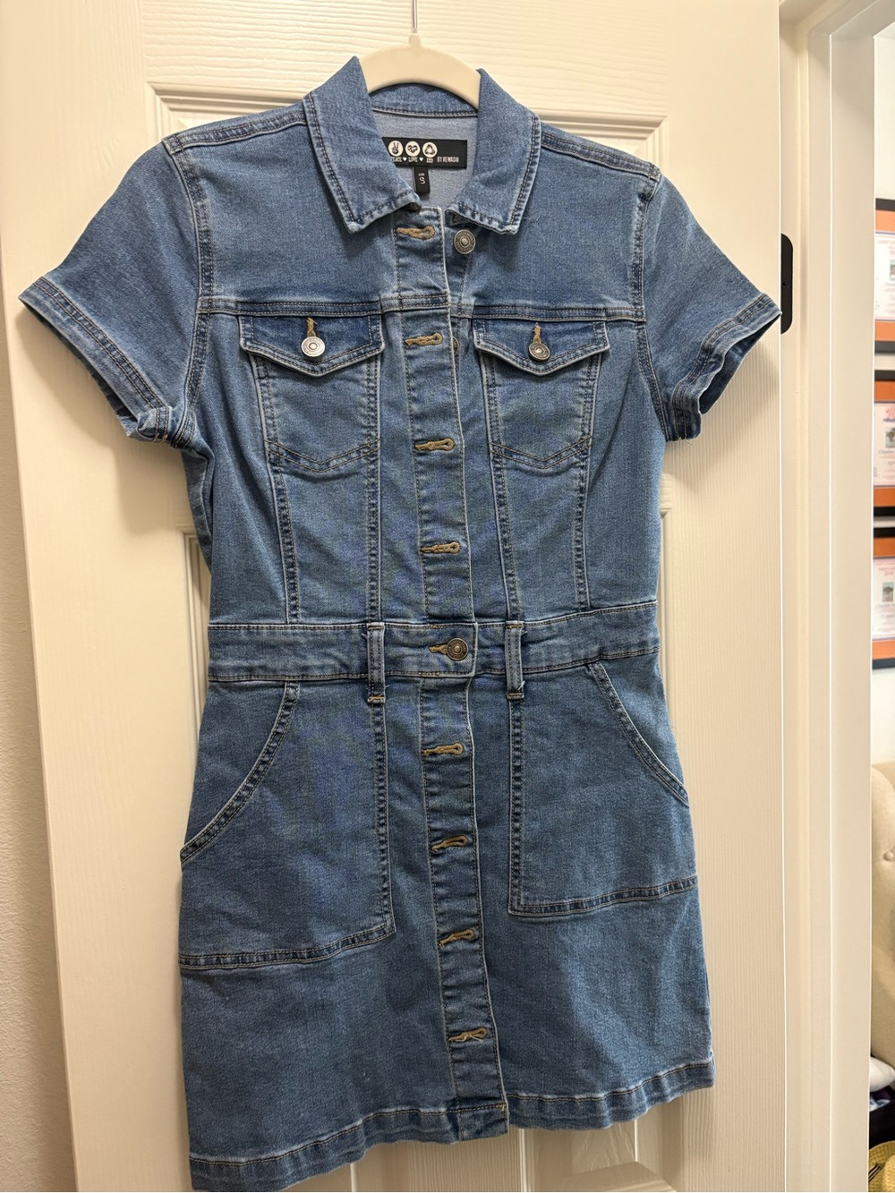 Rewash Blue Denim Short-Sleeve Button-Front Mini Dress